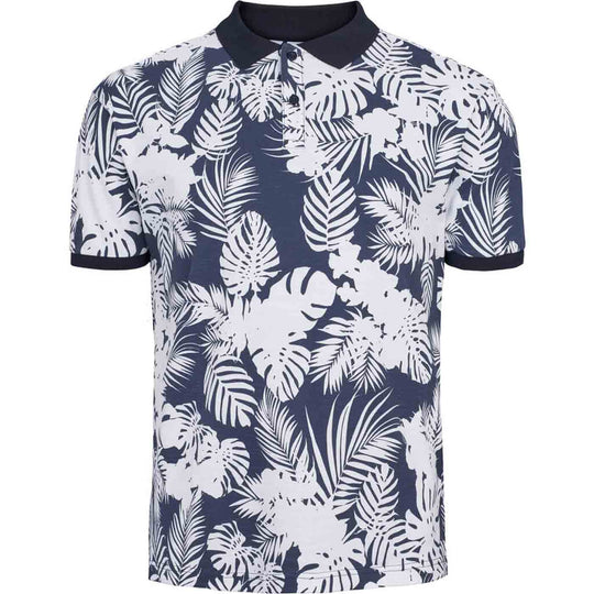 Allsize Polo shirt mit weißem tropischem Blattmuster auf dunkelblauem Hintergrund und kurzem Ärmel