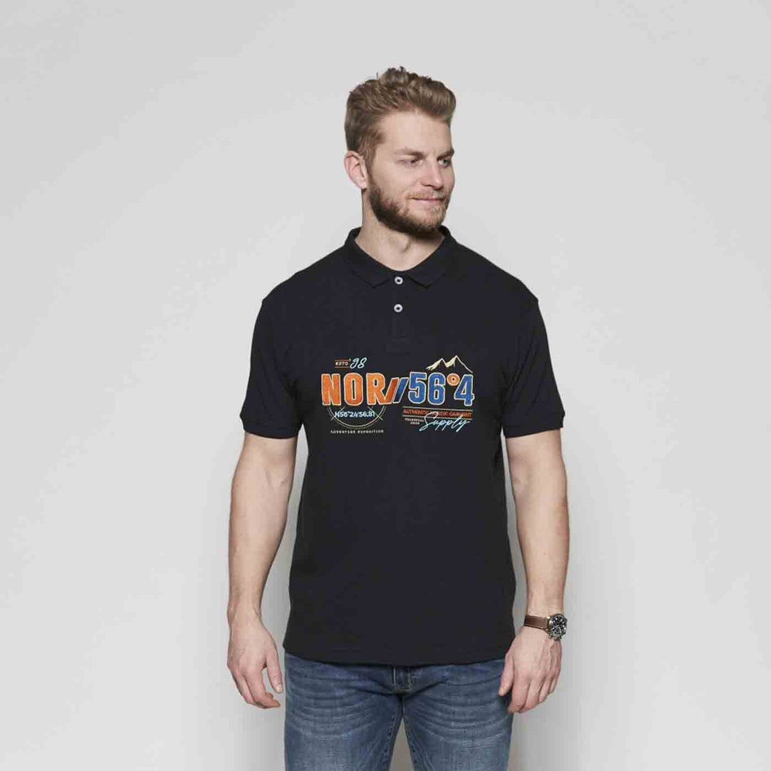 Schwarzes herren polo shirt von Allsize mit kurzem Arm und farbigem Print auf der Brust