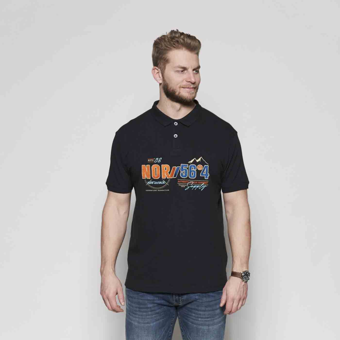 Schwarzes herren polo shirt von Allsize mit kurzem Arm und farbigem Print auf der Brust