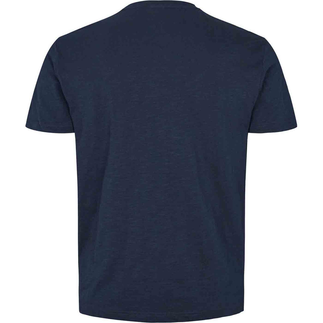 Dunkelblaues Allsize T Shirt Herren mit Rundhalsausschnitt und kurzen Ärmeln von hinten
