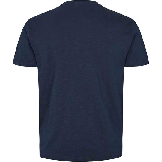 Dunkelblaues Allsize T Shirt Herren mit Rundhalsausschnitt und kurzen Ärmeln von hinten