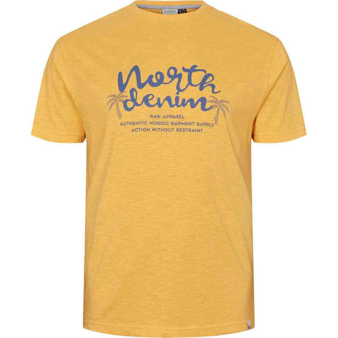 Gelbes T Shirt Übergröße Herren von Allsize mit blauem North Denim Print