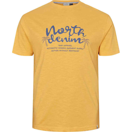Gelbes T Shirt Übergröße Herren von Allsize mit blauem North Denim Print