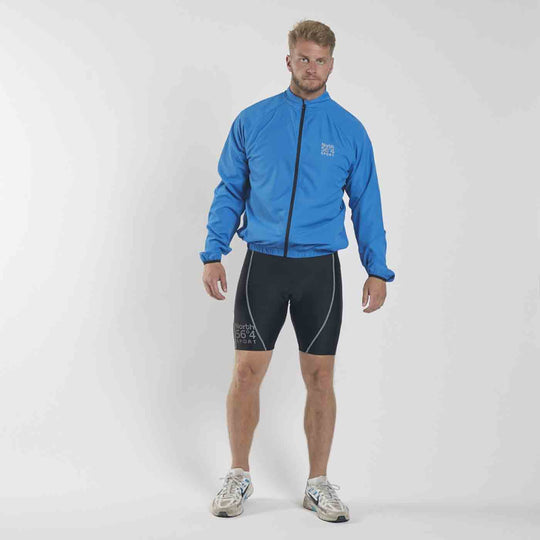 Allsize blaue Fahrradjacke Herren mit Reißverschluss und elastischen Bündchen am Modell