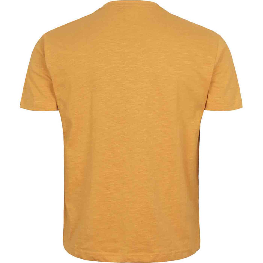 Gelbes T-Shirt mit Druck von Allsize in Rückansicht mit kurzärmeligem Design
