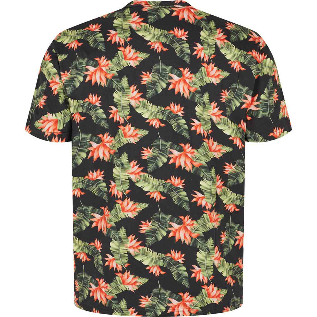 Allsize bedrucktes T Shirt mit buntem Blumen- und Blattmuster auf schwarzem Hintergrund