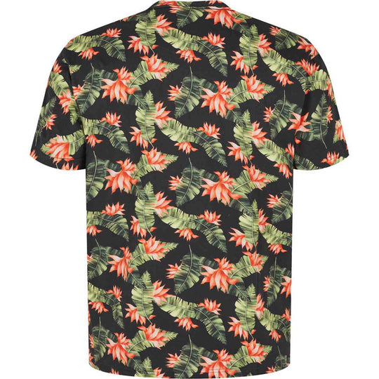 Allsize bedrucktes T Shirt mit buntem Blumen- und Blattmuster auf schwarzem Hintergrund