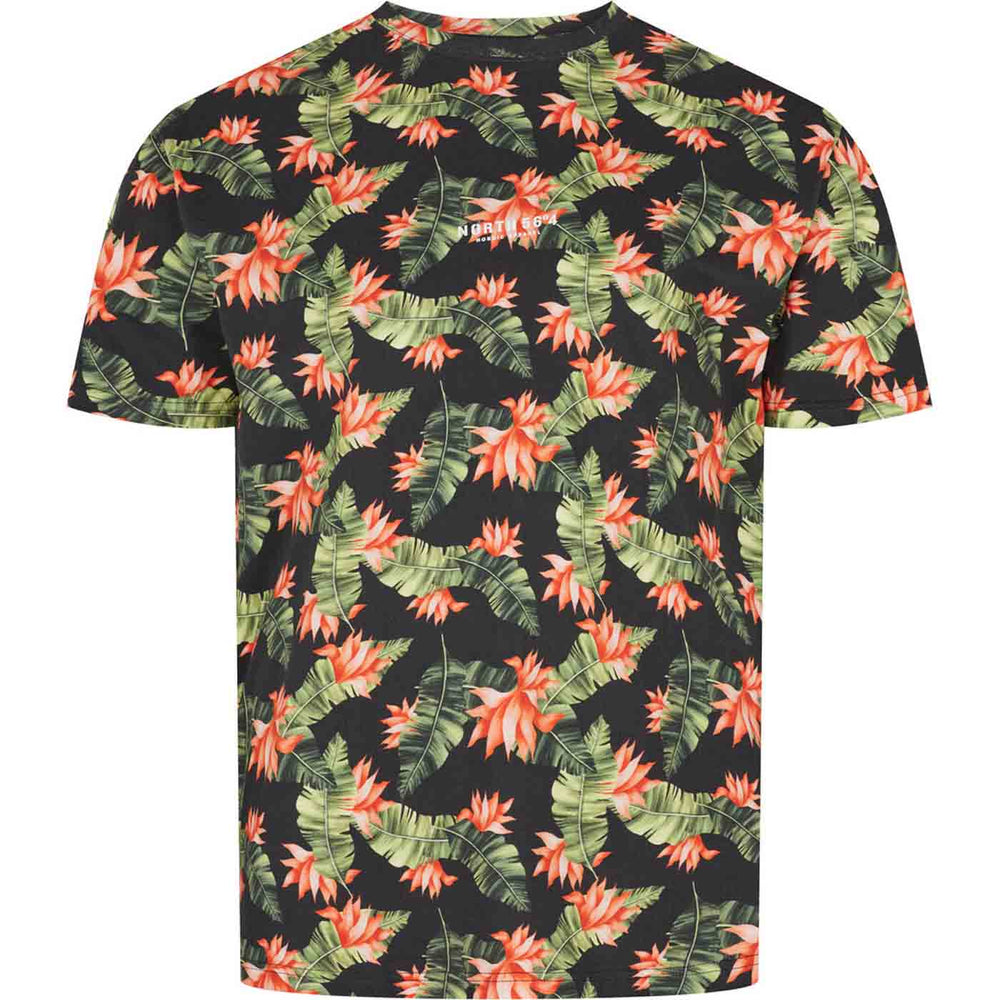 Bedrucktes T Shirt von Allsize mit buntem tropischem Blumen- und Blättermuster auf schwarzem Grund