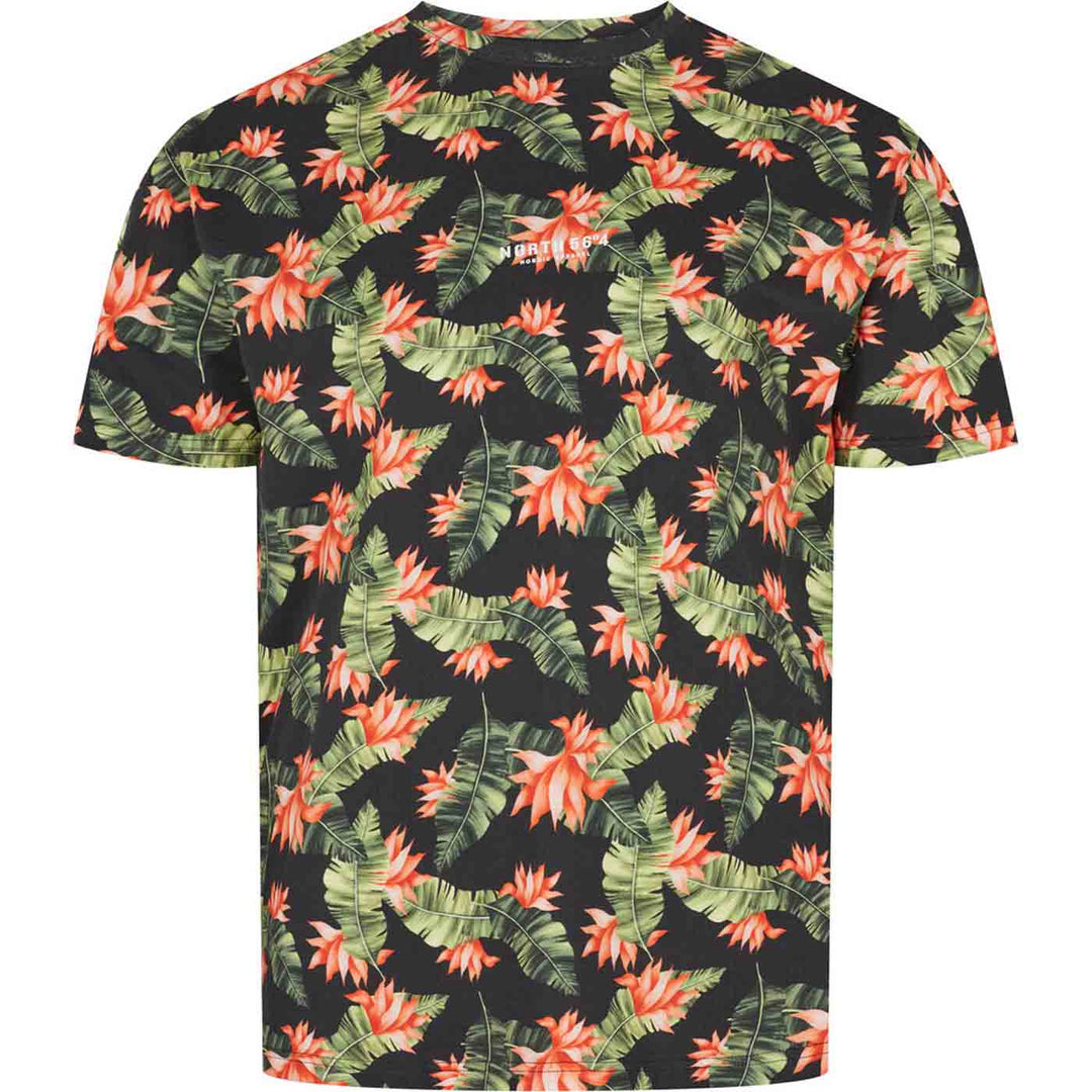 Bedrucktes T Shirt von Allsize mit buntem tropischem Blumen- und Blättermuster auf schwarzem Grund