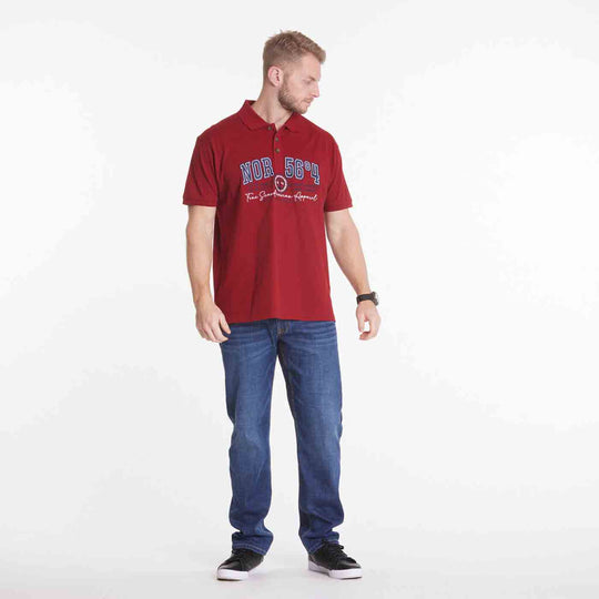 Rotes Allsize Polo shirt mit blauem Print und klassischem Kragen an einem männlichen Modell