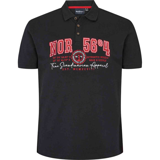Schwarzes polo shirt von Allsize mit rotem Nor 56°4 Schriftzug und Knopfleiste