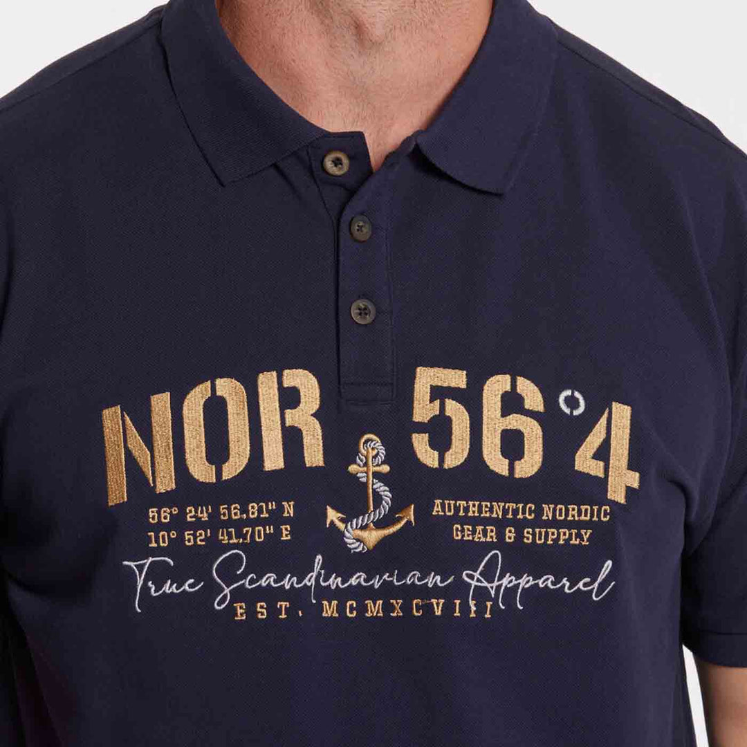 Allsize Polo Shirt in Dunkelblau mit nordischem Print und Knopfleiste am Kragen