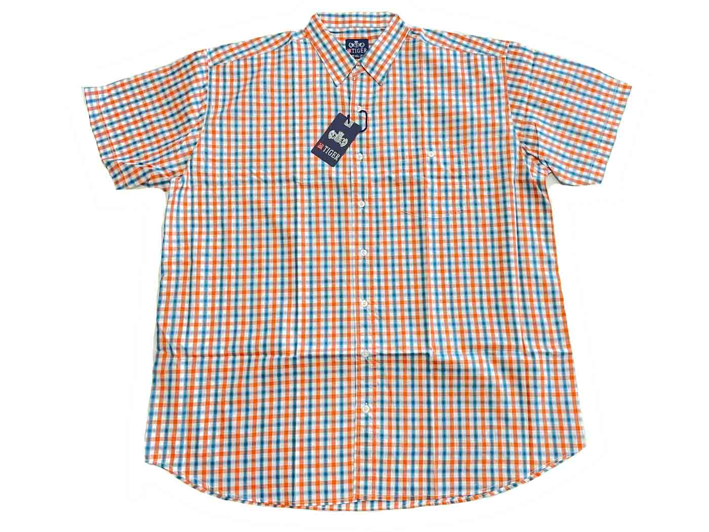 BigTiger Herren karohemd kurzarm kariertes Hemd in Orange, Blau und Weiß