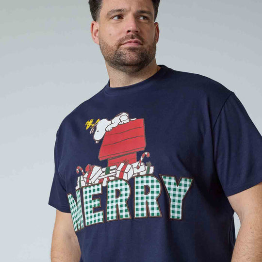 Peanuts T-Shirt Herren Übergröße mit Snoopy Weihnachtsmotiv und Merry Schriftzug in dunkelblau