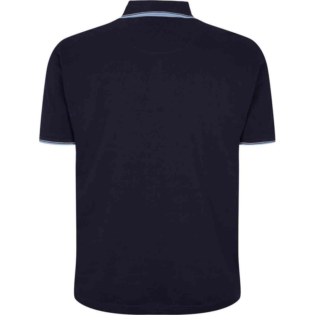 Dunkelblaues polo shirt von Allsize mit kurzärmeln und hellblauen Details am Kragen und Ärmelabschluss