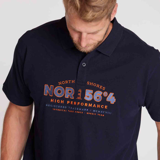Allsize Herren polo shirt in Dunkelblau mit orangefarbenem Nor 1564 Print vorne
