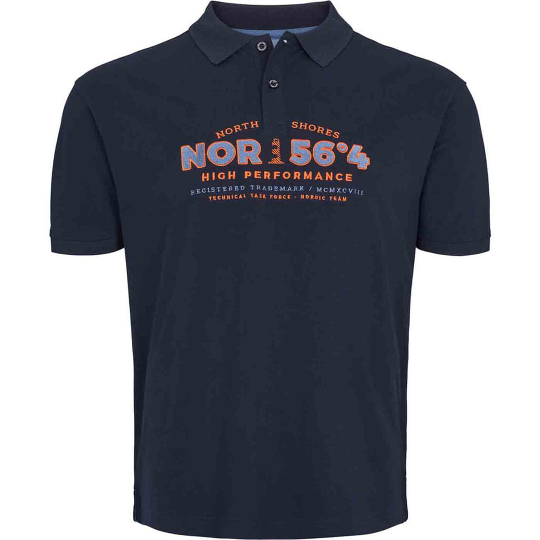 Dunkelblaues polo shirt von Allsize mit kurzem Arm und orange-weißem Aufdruck vorne