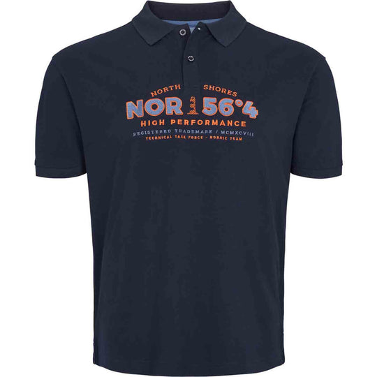 Dunkelblaues polo shirt von Allsize mit kurzem Arm und orange-weißem Aufdruck vorne