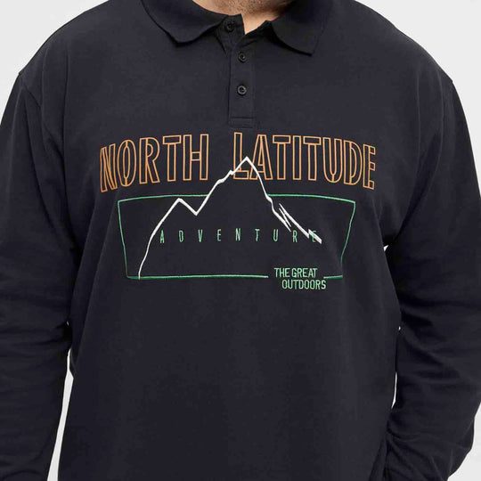 Schwarzes Polo-Shirt Übergröße Herren von Allsize mit langem Arm und auffälligem Berg-Print