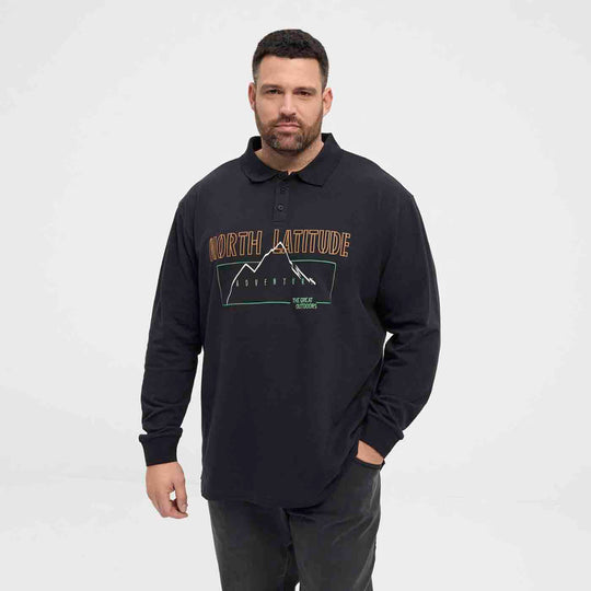 Allsize Polo-Shirt Übergröße Herren Langarm in Schwarz mit Bergmotiv und Knopfleiste