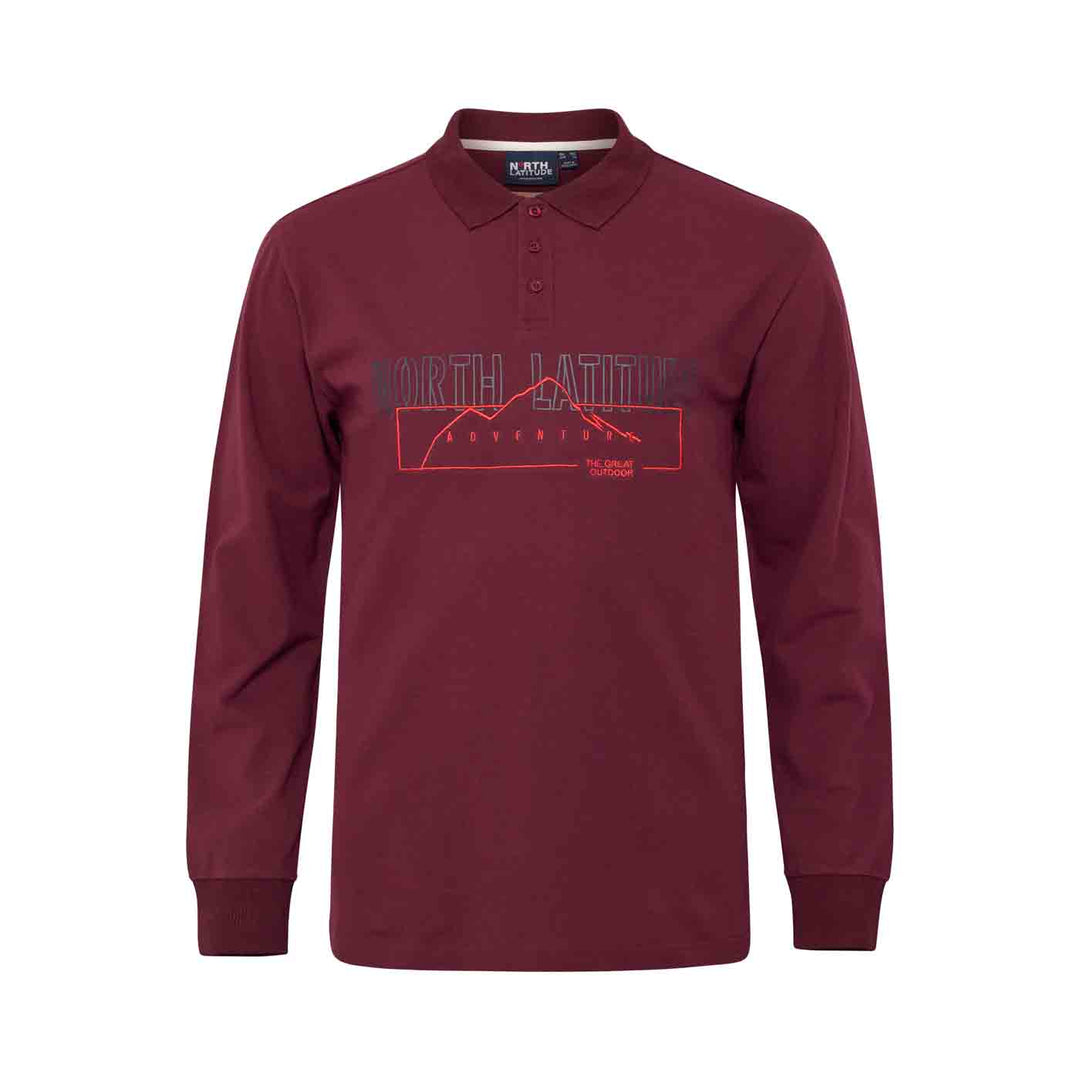 Allsize Polo Shirt Übergröße Herren langarm in bordeauxrot mit Print und Polokragen