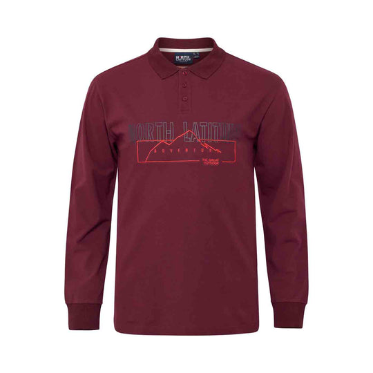 Allsize Polo Shirt Übergröße Herren langarm in bordeauxrot mit Print und Polokragen