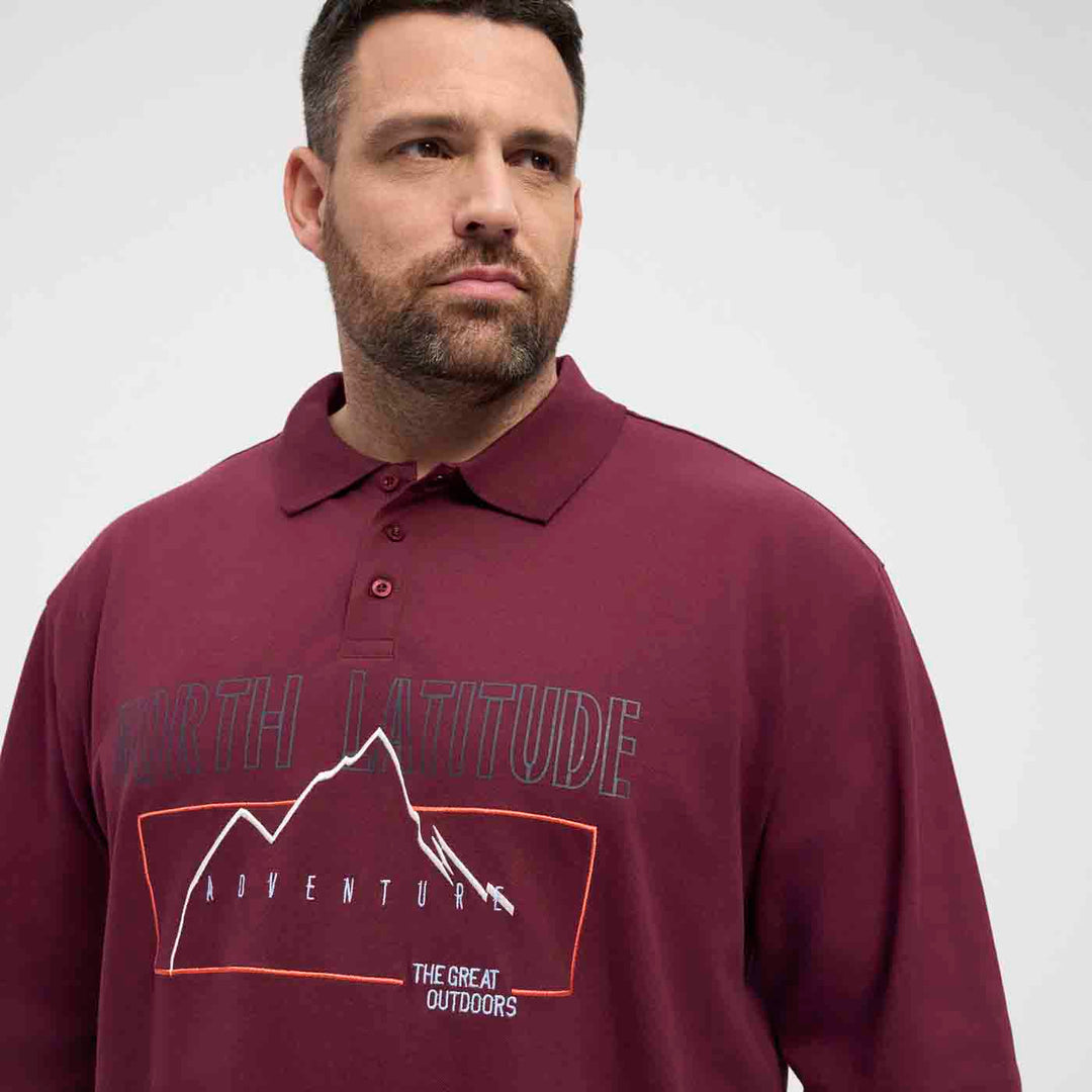 Allsize Polo Shirt Übergröße Herren langarm in Bordeaux mit Bergmotiv und Adventure Schriftzug