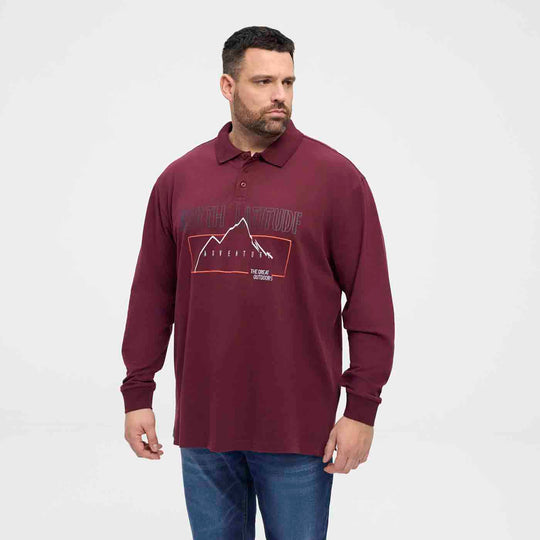 Allsize Polo Shirt Übergröße Herren Langarm in bordeauxrot mit Bergmotiv und Kragen