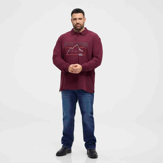 Allsize langärmeliges Polo Shirt Übergröße Herren in Burgunderrot mit Print und klassischem Kragen