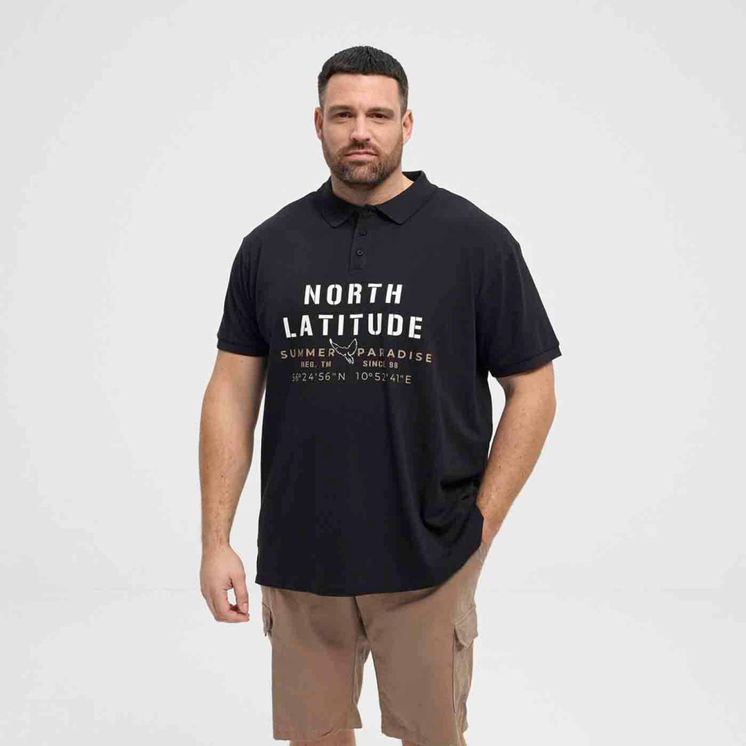 Schwarzes Polo Shirt Übergröße Herren Langarm mit North Latitude Print von Allsize
