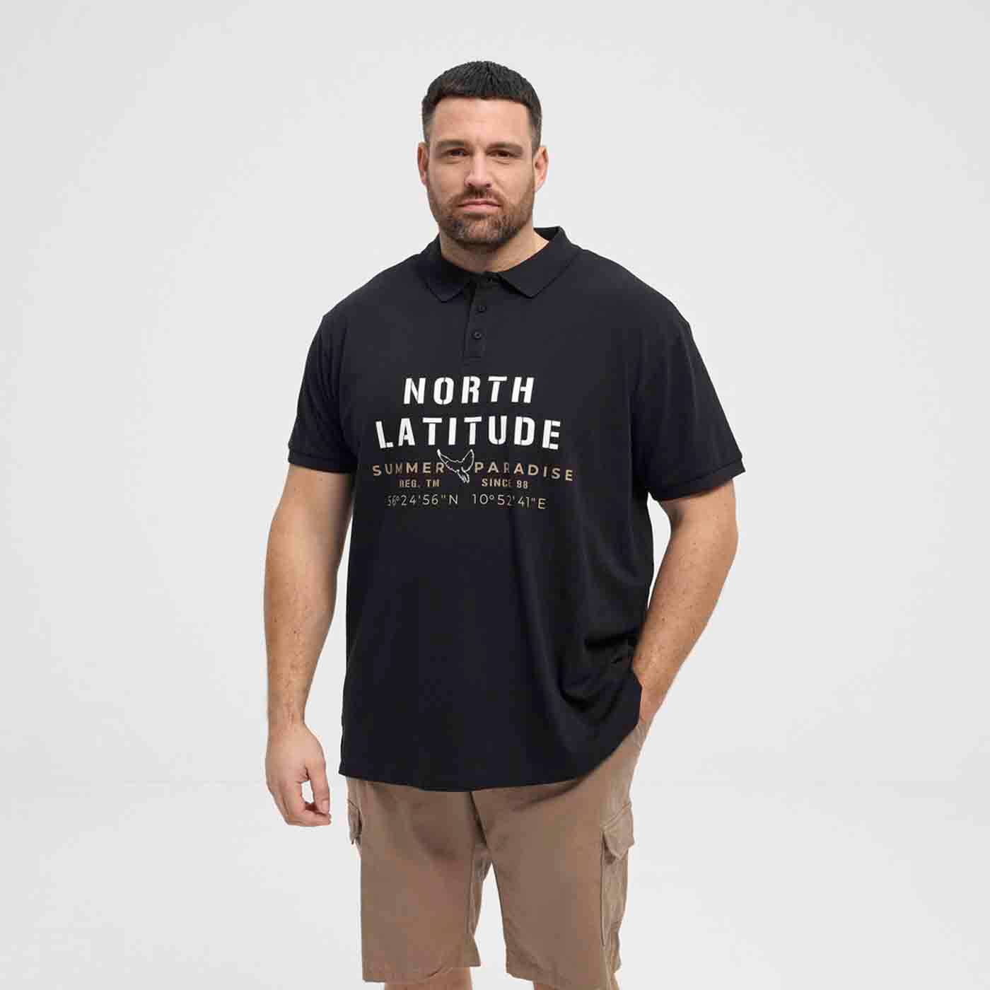 Schwarzes Polo Shirt Übergröße Herren Langarm mit North Latitude Print von Allsize