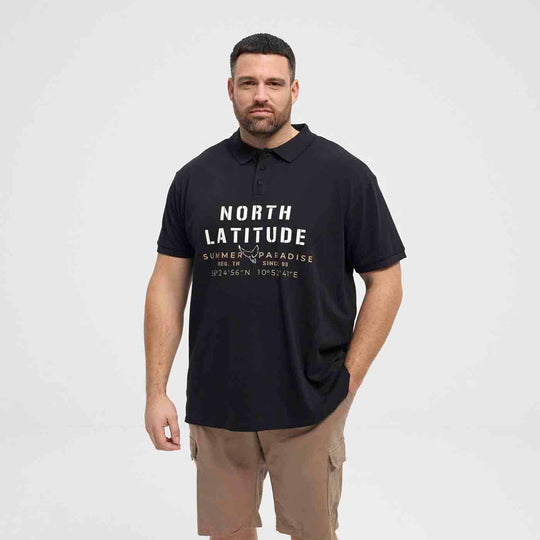 Schwarzes Polo Shirt Übergröße Herren Langarm mit North Latitude Print von Allsize