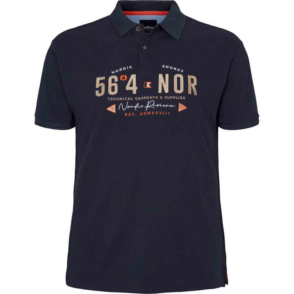 Allsize poloshirt in dunkelblau mit kurzem Arm und nordischem Aufdruck auf der Brust