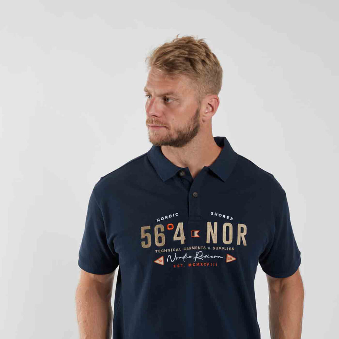 Dunkelblaues Allsize poloshirt mit Frontdruck und Kurzarm ideal für lässige Outfits
