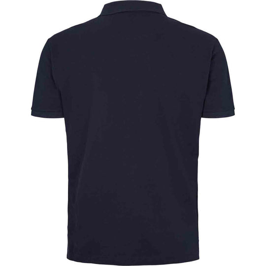 Dunkelblaues Allsize Poloshirt aus Baumwolle mit kurzem Arm und klassischem Kragen, Rückansicht