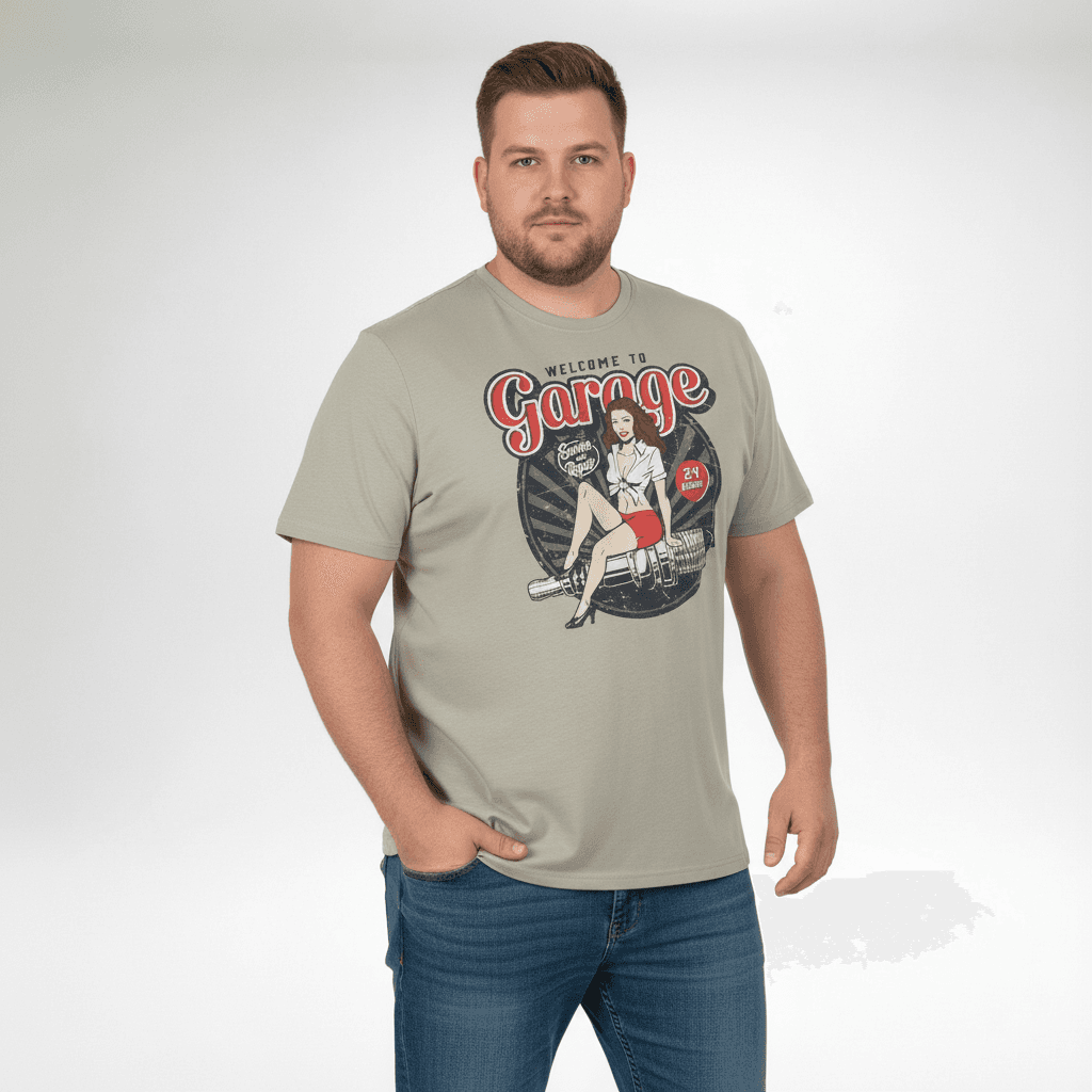 T shirt herren von Redfield mit auffälligem Garage Print in Grau und rotem Design
