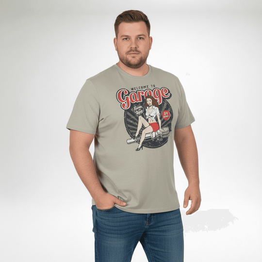 T shirt herren von Redfield mit auffälligem Garage Print in Grau und rotem Design