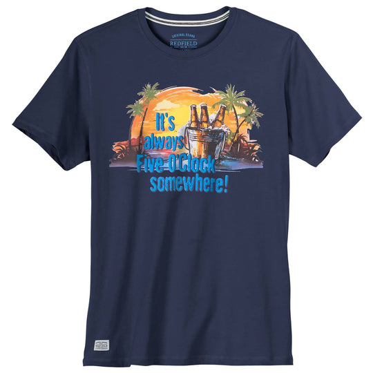 Redfield T Shirt Herren in Marineblau mit farbigem Druck von Bier und Palmen bei Sonnenuntergang