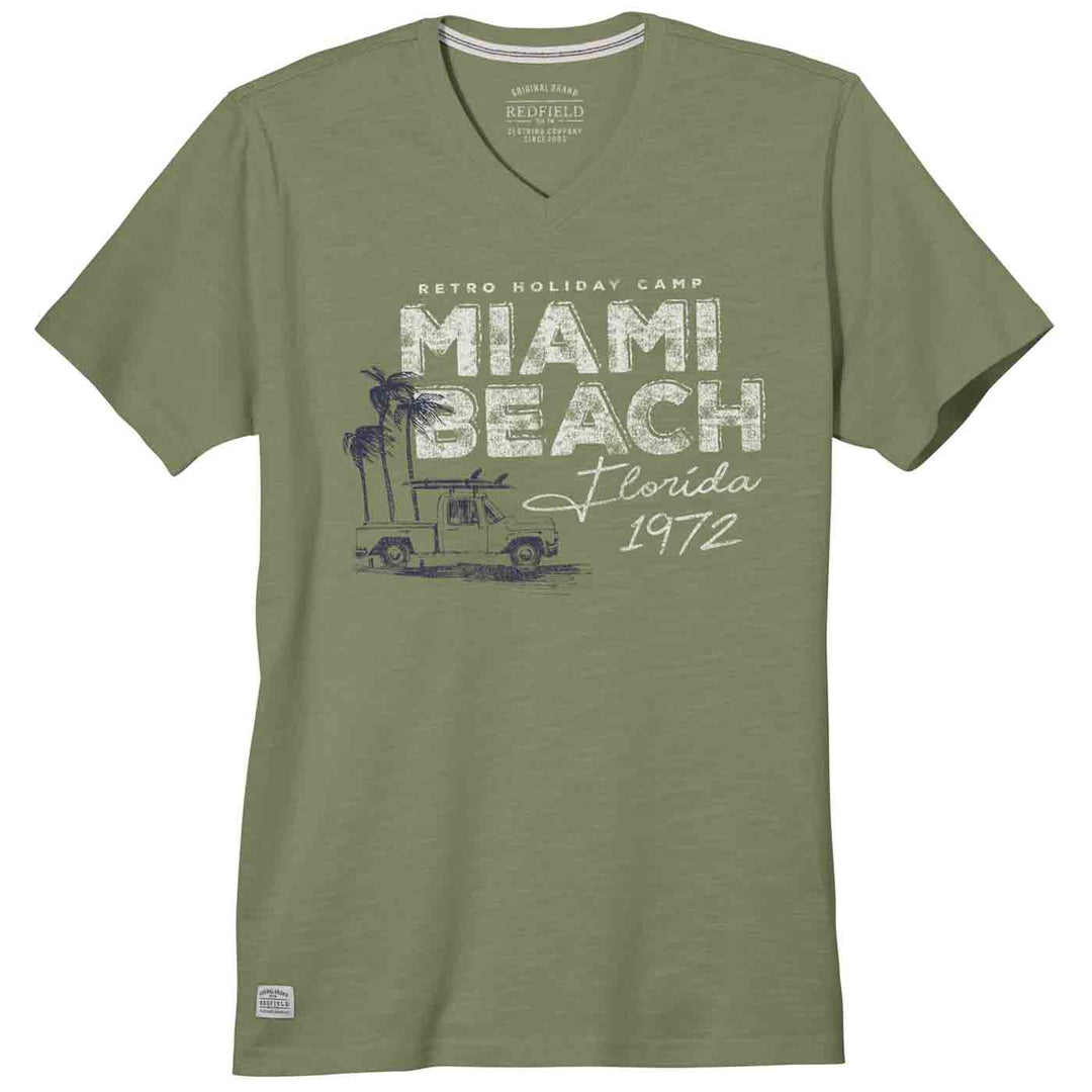 Grünes t shirt mit druck von Redfield mit Miami Beach Florida 1972 Motiv und V-Ausschnitt