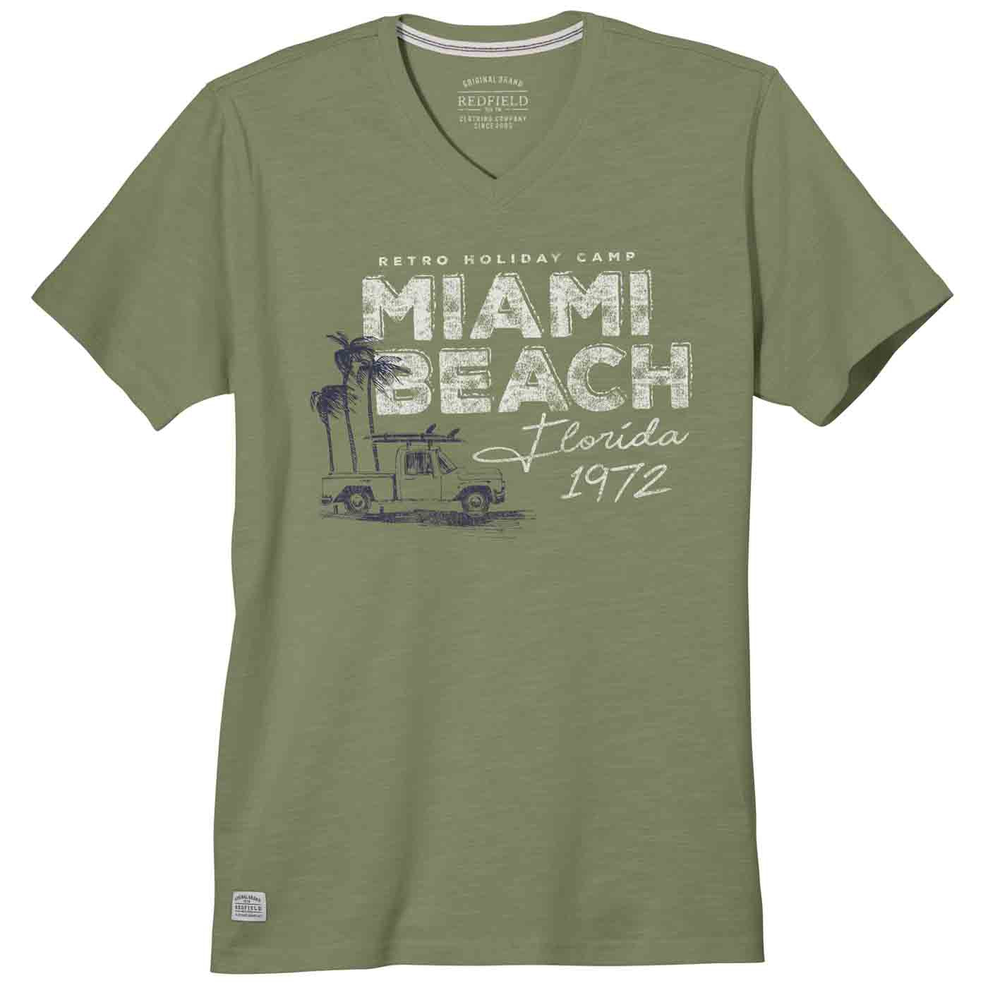 Grünes t shirt mit druck von Redfield mit Miami Beach Florida 1972 Motiv und V-Ausschnitt