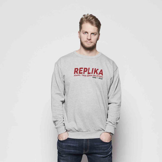 Graues Sweatshirt Übergröße Herren mit rotem Replika Print und Bund am Saum