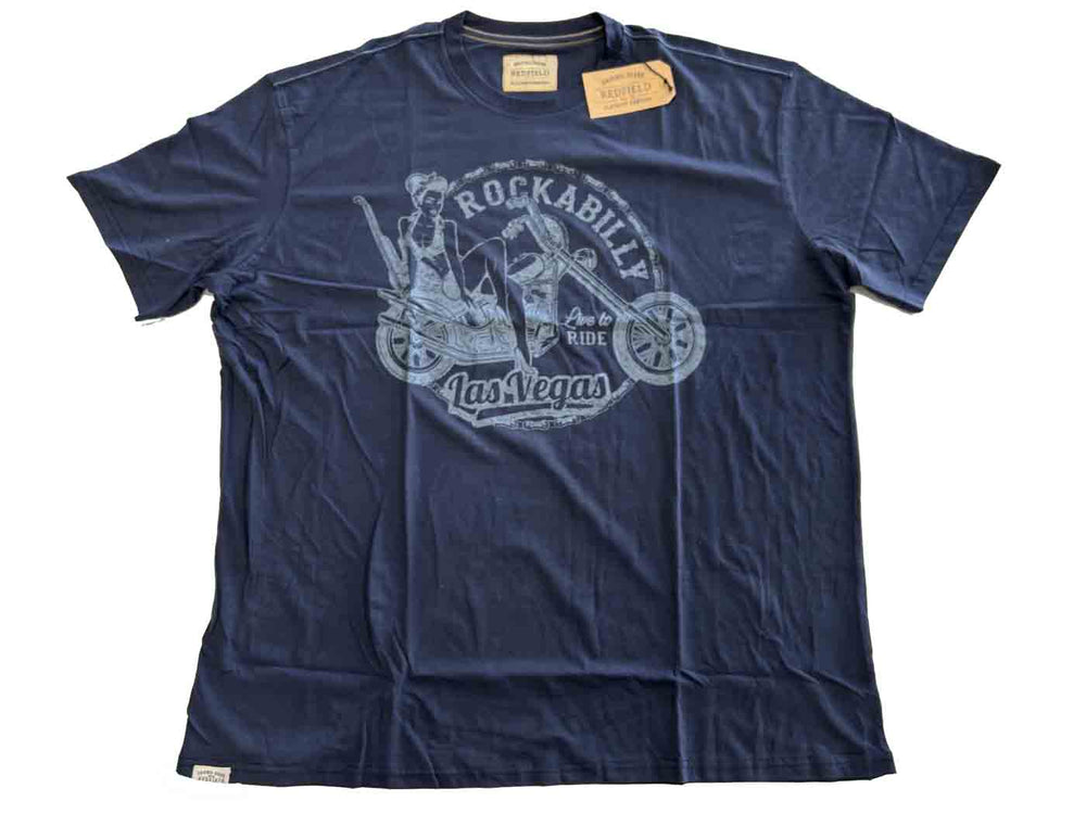 Redfield T-Shirt mit Druck Herren Übergröße in Dunkelblau mit Rockabilly Motorrad Motiv