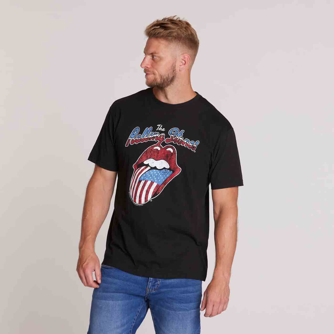 Allsize Rolling Stones T-Shirt Übergröße mit amerikanischem Zungenlogo in Schwarz