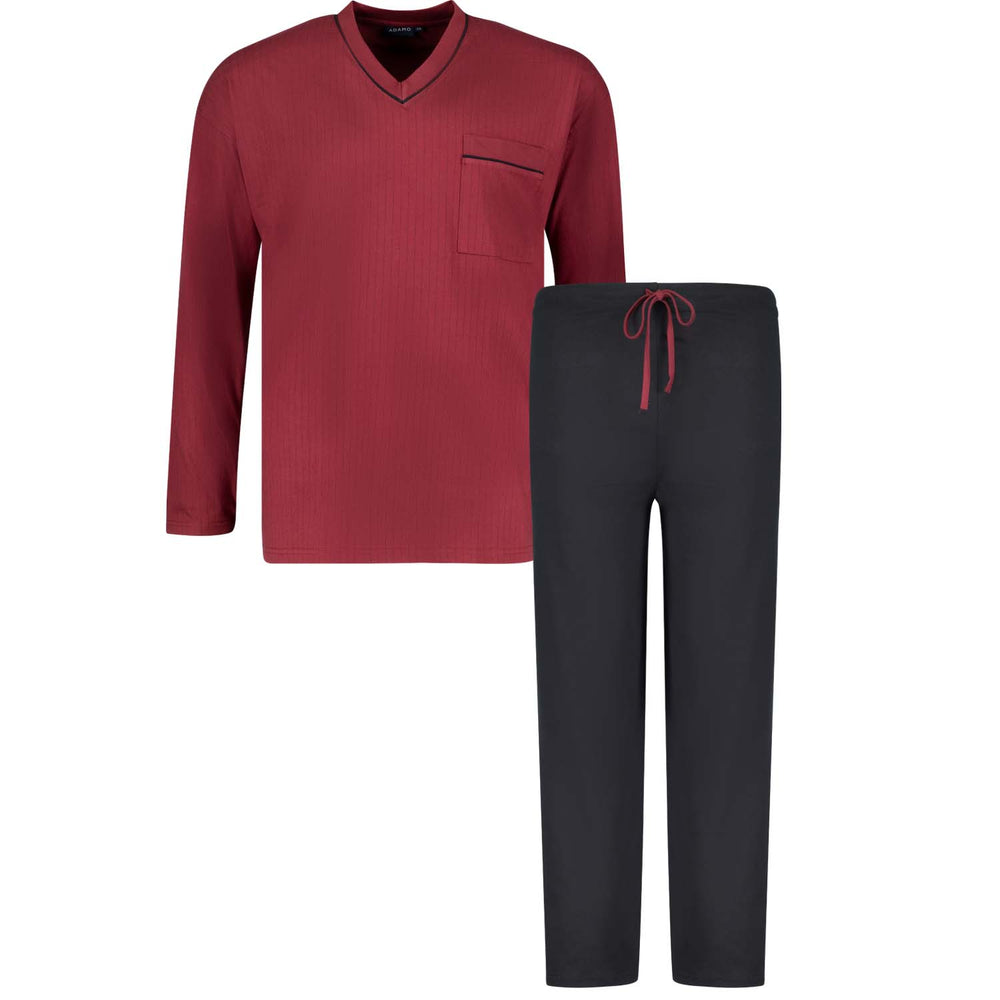 Adamo Schlafanzug für Herren mit rotem Langarmshirt und schwarzen Hose mit Kordelzug