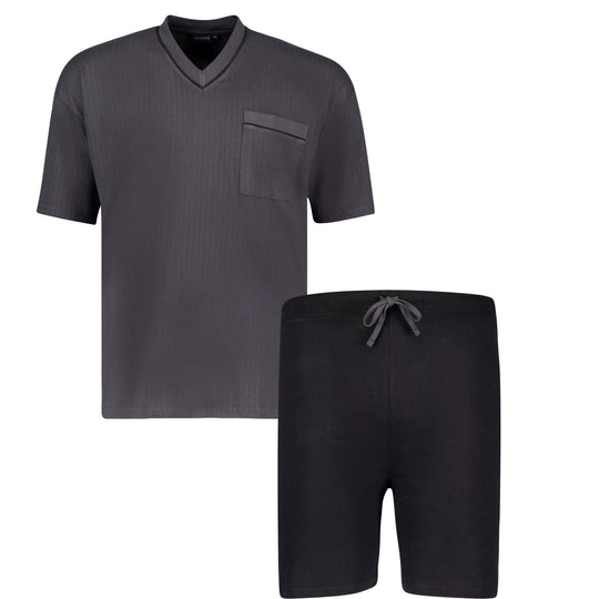 Adamo schlafanzug herren kurz mit grauem Oberteil und schwarzen Shorts für bequemen Schlaf