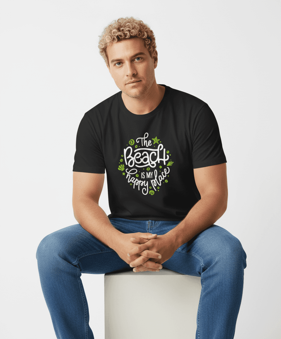 Schwarzes t shirt herren mit Beach Print und weiß-grünem Schriftzug von BigTiger getragen von einem sitzenden Mann