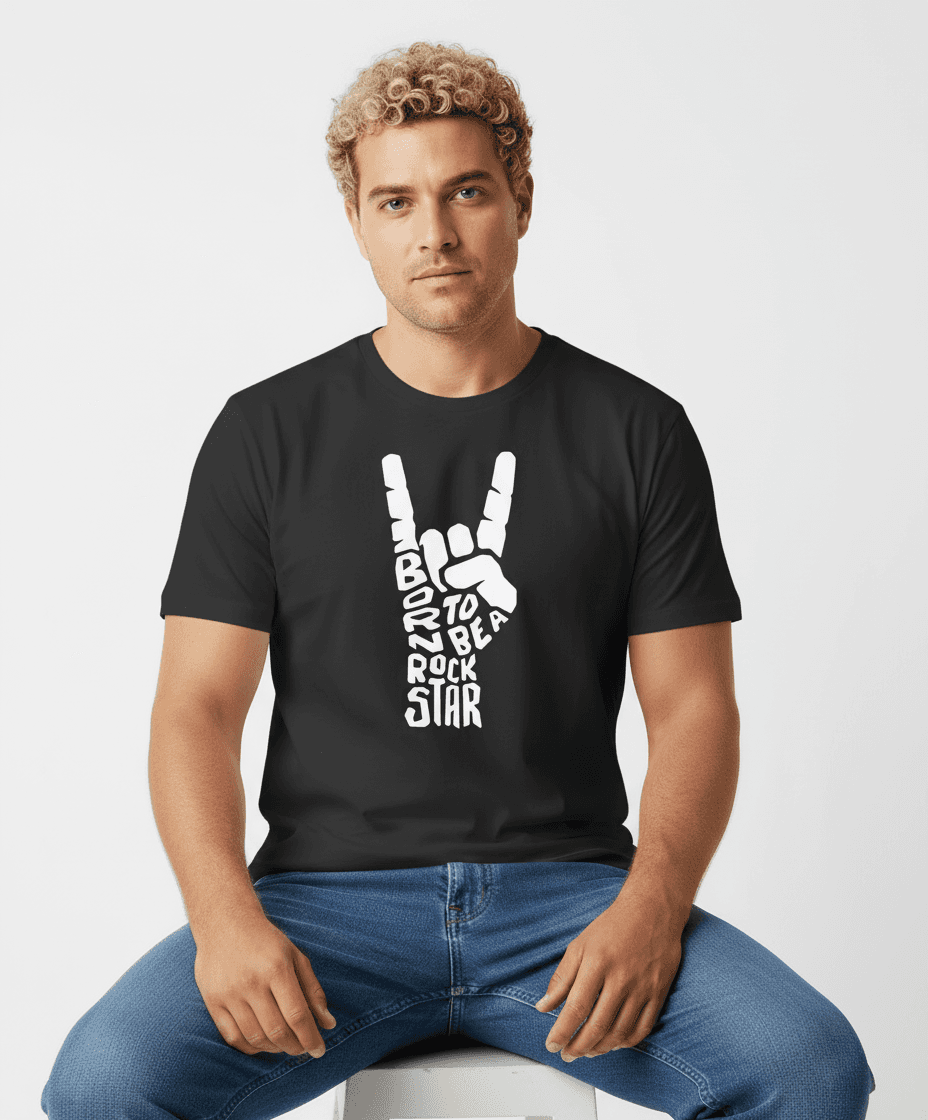 Schwarzes t shirt herren mit weißem Rock Star Print und Rundhalsausschnitt von BigTiger