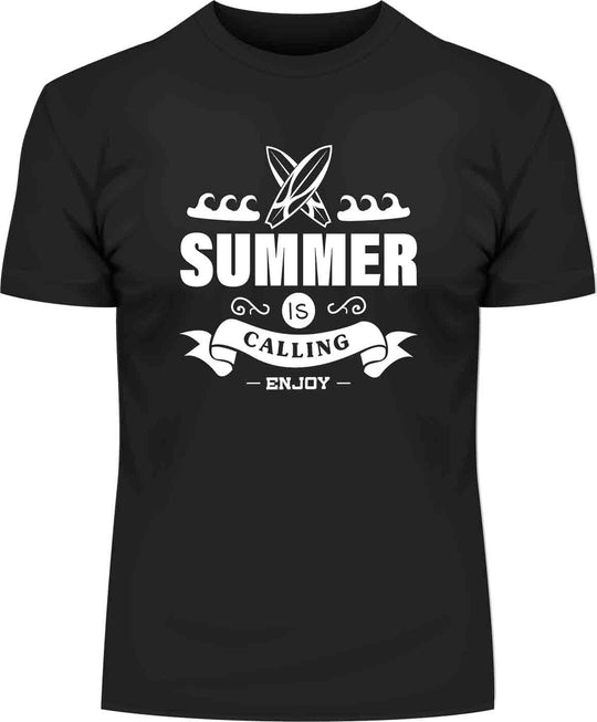 Schwarzes BigTiger T Shirt Herren mit weißem Sommer Surfbrett Print und sommerlichem Design
