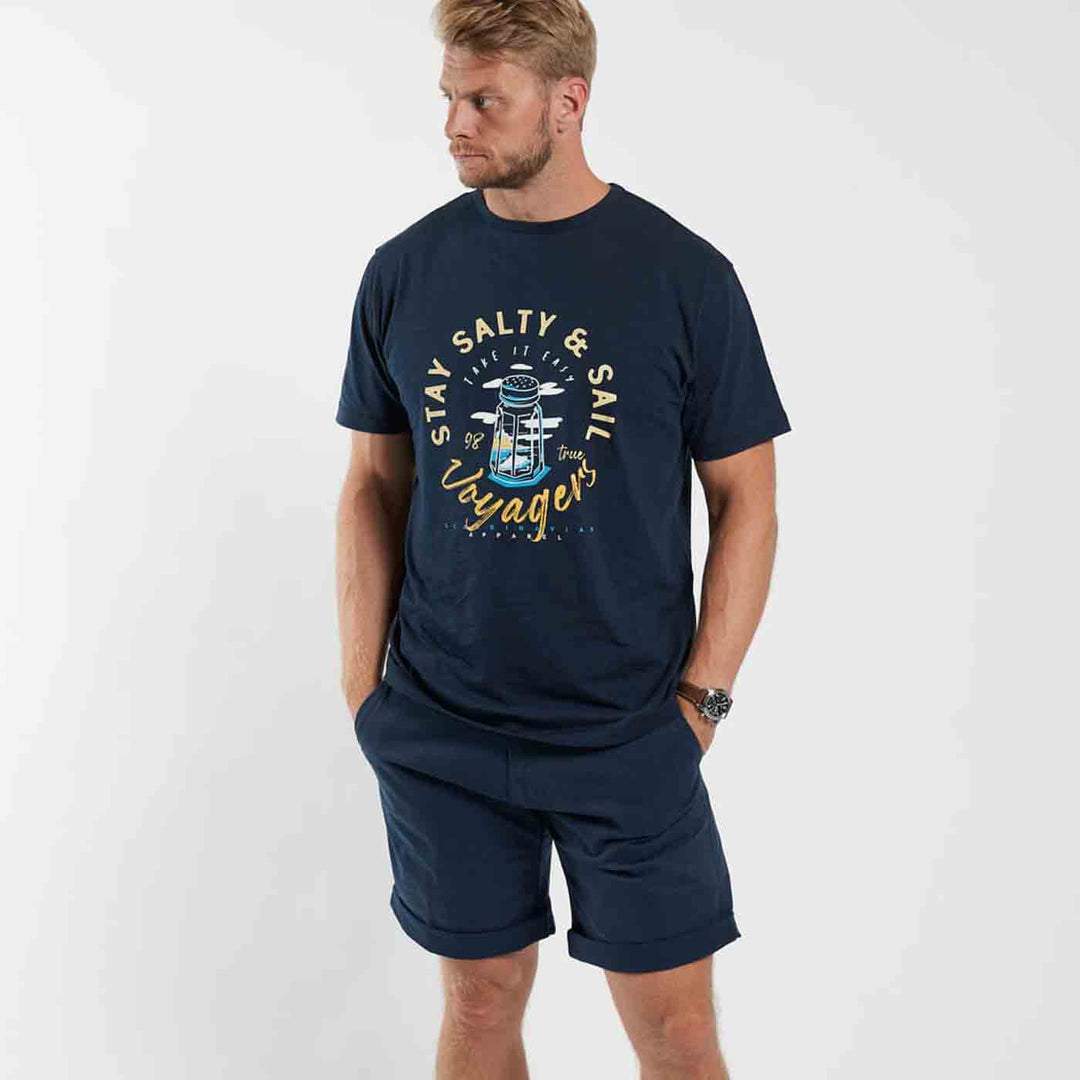 Allsize t shirt übergröße herren in dunkelblau mit maritimem Leuchtturm Druck und Rundhalsausschnitt