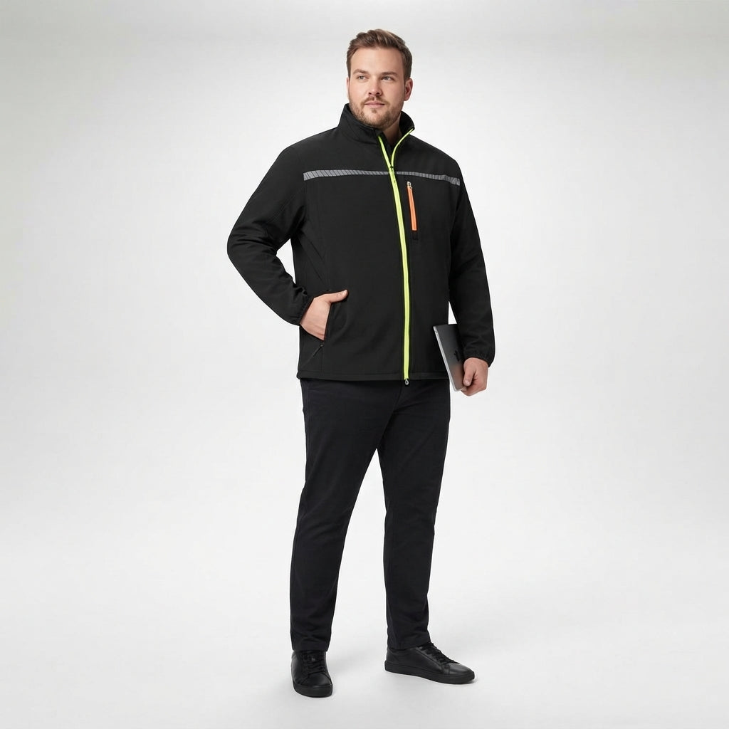 Adamo Softshelljacke Herren Übergröße 4XL-10XL in Schwarz mit Neon-Reißverschluss und reflektierenden Details